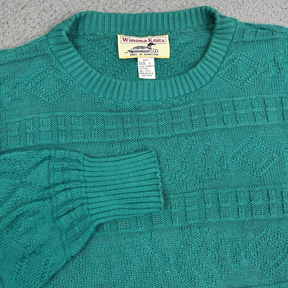 VTG Winona Knits Cable Knit Crewneck Pullover‎ Sweater Size L Cotton Minnesota